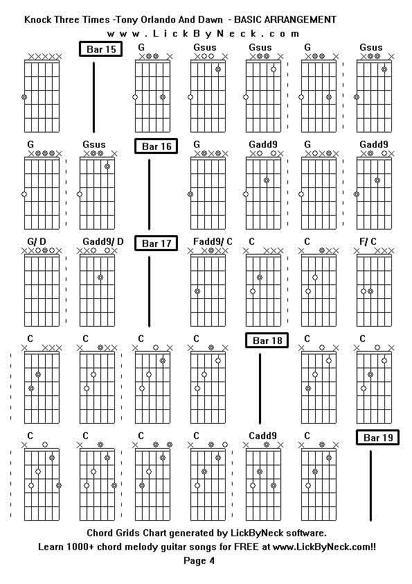 Chord Grids Chart of chord melody fingerstyle guitar song-Knock Three Times -Tony Orlando And Dawn  - BASIC ARRANGEMENT,generated by LickByNeck software.